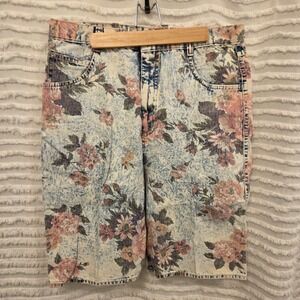 Vintage 90s Bonjour High Waisted Acid Washed Floral Denim Bermuda Shorts Sz 18